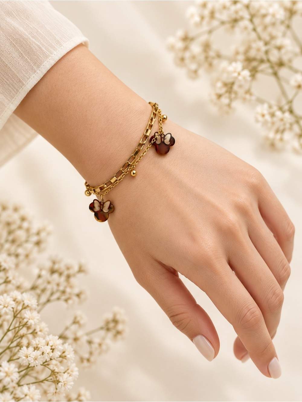Gold Tone Bracelet with Brown Flower Charms steel 316L